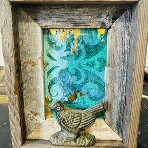 Rustic framed art cast iron bird